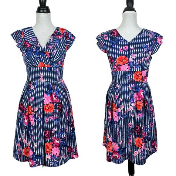 Chris McLaughlin | Blue White Checker Pink Floral Ruffle V-Neck Cap Sleeve Dress - Picture 1 of 12